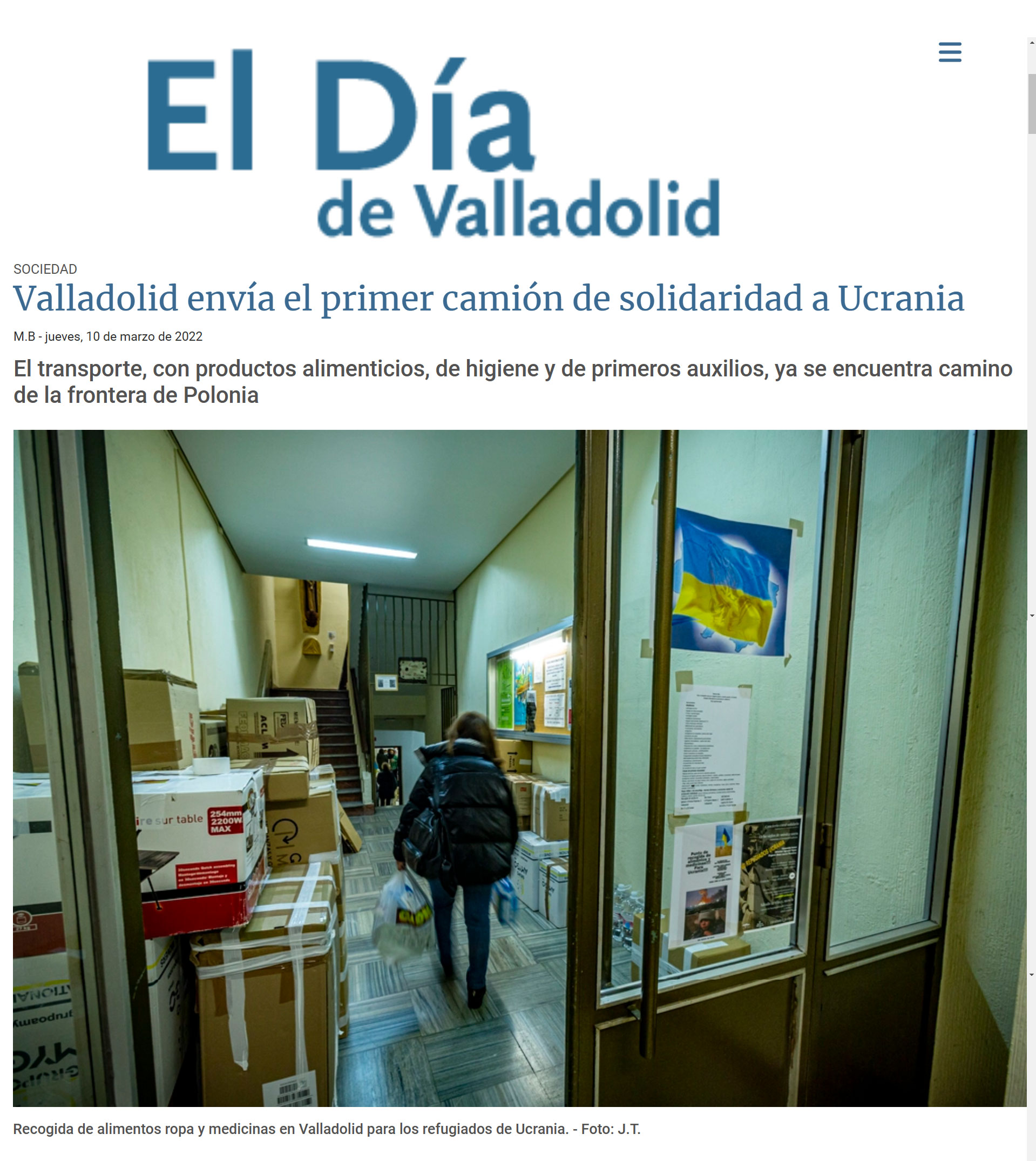 Noticia del Día de Valladolid: Valladolid envía el primer camión de solidaridad a Ucrania